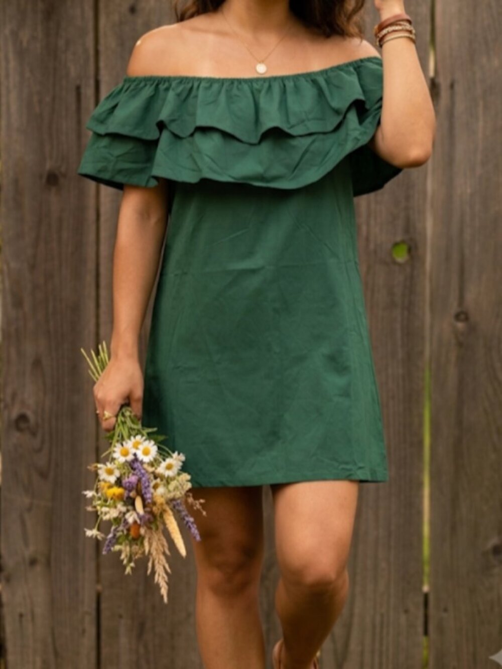 Shoulder Off Tunic Dress L Green Pullover Elasticized Neckline Relaxed Fit New